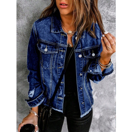Damen Taillierte Jeansjacke mit Destroyed-Akzenten, aufgesetzten Pattentaschen und sichtbarer Steppnaht Nord Taschen