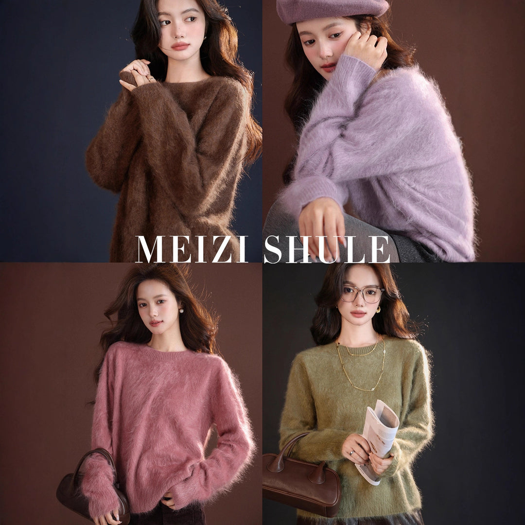 Damen Flauschiger Mohair-Optik Strickpullover mit Rundhalsausschnitt Nord Taschen