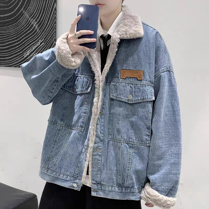 Herren Gefütterte Oversized Denimjacke mit Teddyfutter und Pattentaschen Nord Taschen