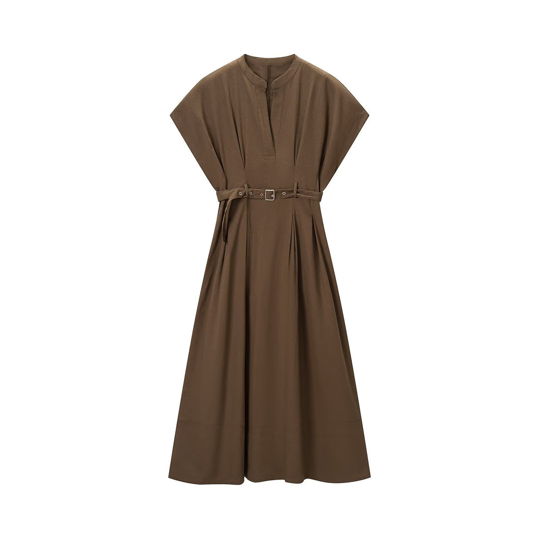 Damen A-Linien Midikleid mit Stehkragen, tailliertem Gürtel und kastigen Kurzärmeln Nord Taschen