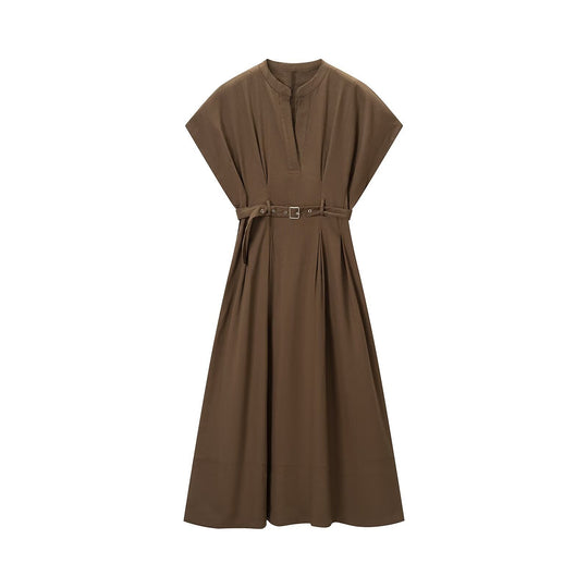 Damen A-Linien Midikleid mit Stehkragen, tailliertem Gürtel und kastigen Kurzärmeln Nord Taschen