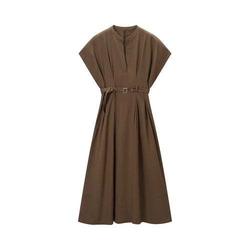 Damen A-Linien Midikleid mit Stehkragen, tailliertem Gürtel und kastigen Kurzärmeln Nord Taschen