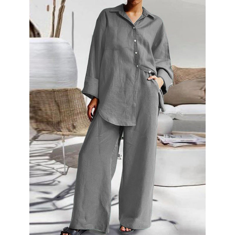 Damen Leinen-Lounge-Set mit weitem Hemd und Palazzo-Hose Nord Taschen