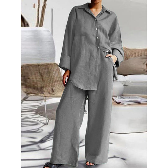 Damen Leinen-Lounge-Set mit weitem Hemd und Palazzo-Hose Nord Taschen