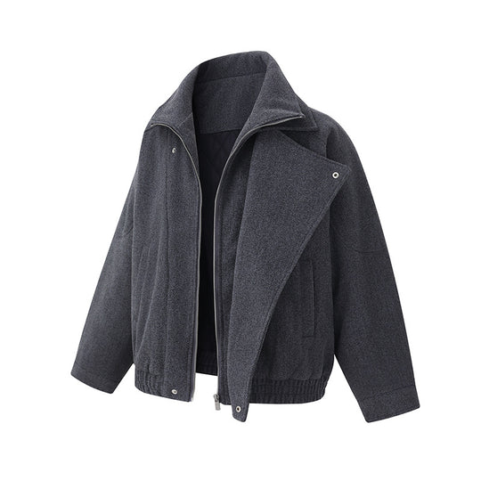 Herren Boxy Wollmix-Blousonjacke mit asymmetrischem Doppelverschluss und hohem Stehkragen Nord Taschen