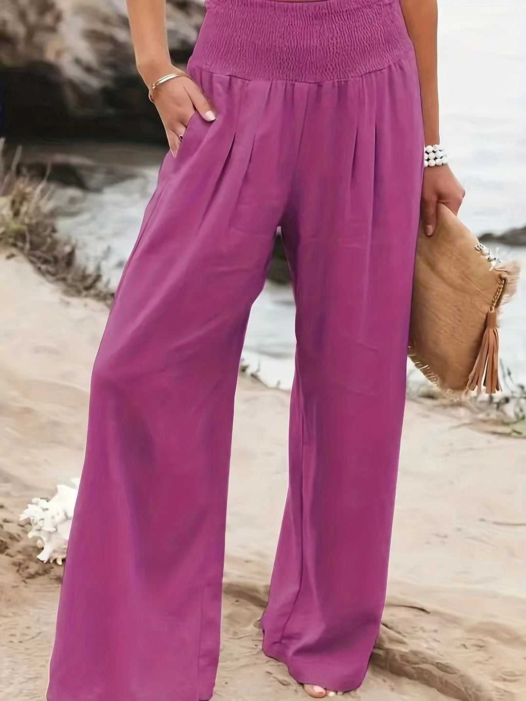 Damen Weite Leinenhose mit Smokbund und Eingrifftaschen Nord Taschen