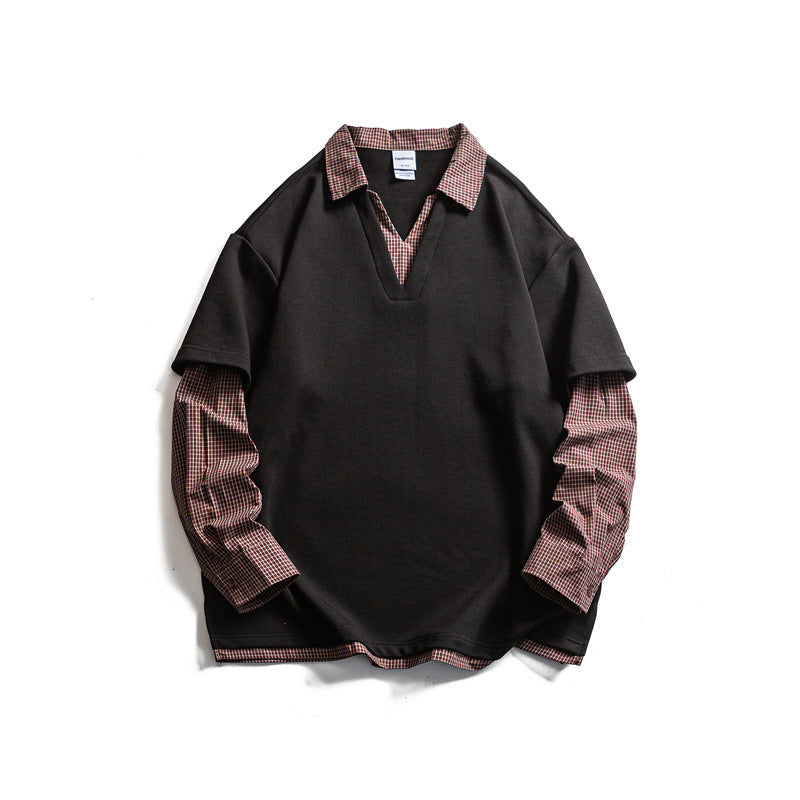 Herren Lagenlook-Pullover mit integriertem Karo-Hemdkragen und eingesetzten Hemdärmeln Nord Taschen