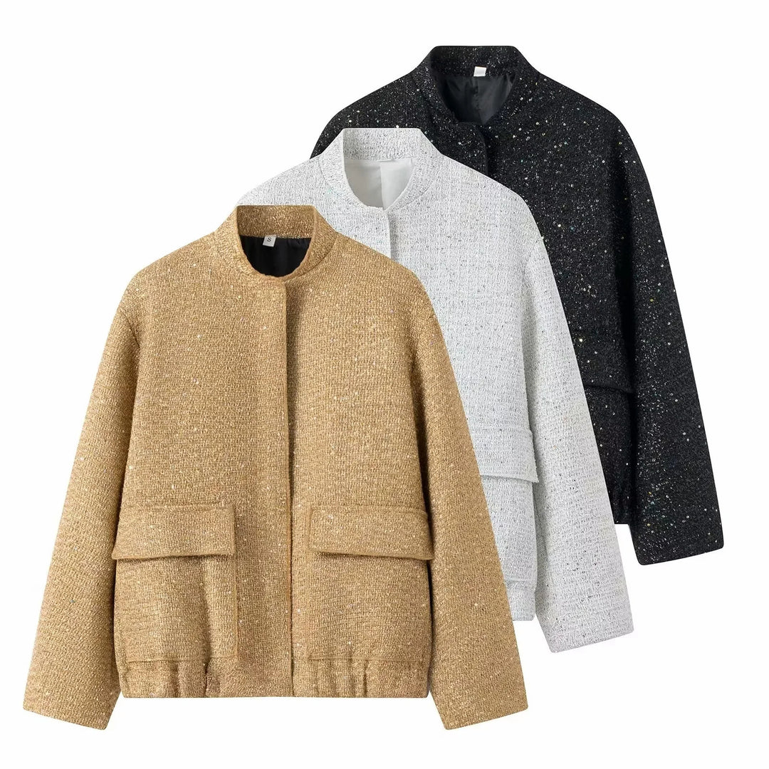Damen 400+ Bouclé Kurzjacke mit Stehkragen, Pattentaschen und taillierendem Saum Nord Taschen