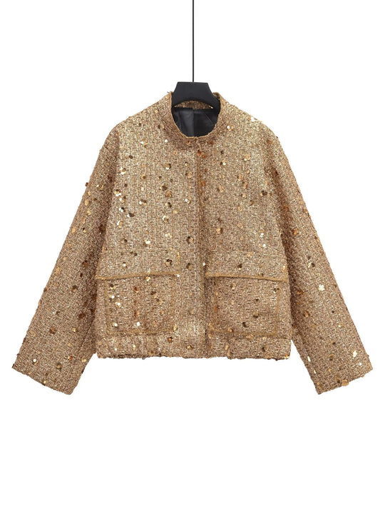 Damen 400+ Bouclé Kurzjacke mit Stehkragen, Pattentaschen und taillierendem Saum Nord Taschen