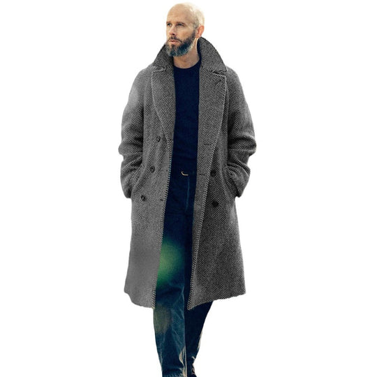 Herren Doppelreihiger Wollmix-Mantel mit Fischgrätstruktur und Taillengürtel Nord Taschen