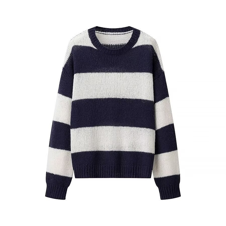 Damen Oversize-Strickpullover mit breiten Blockstreifen und Rundhalsausschnitt Nord Taschen