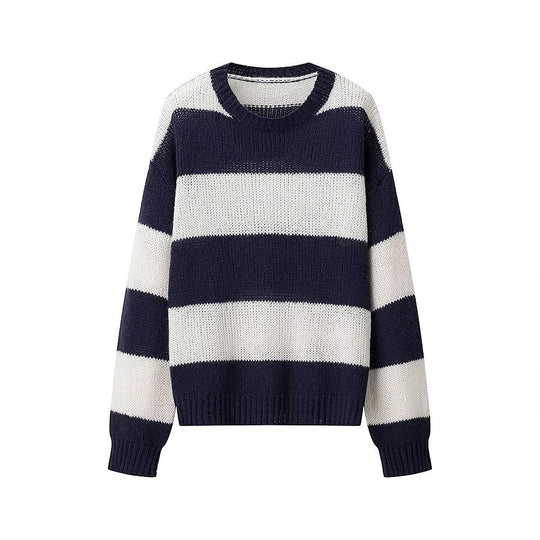 Damen Oversize-Strickpullover mit breiten Blockstreifen und Rundhalsausschnitt Nord Taschen