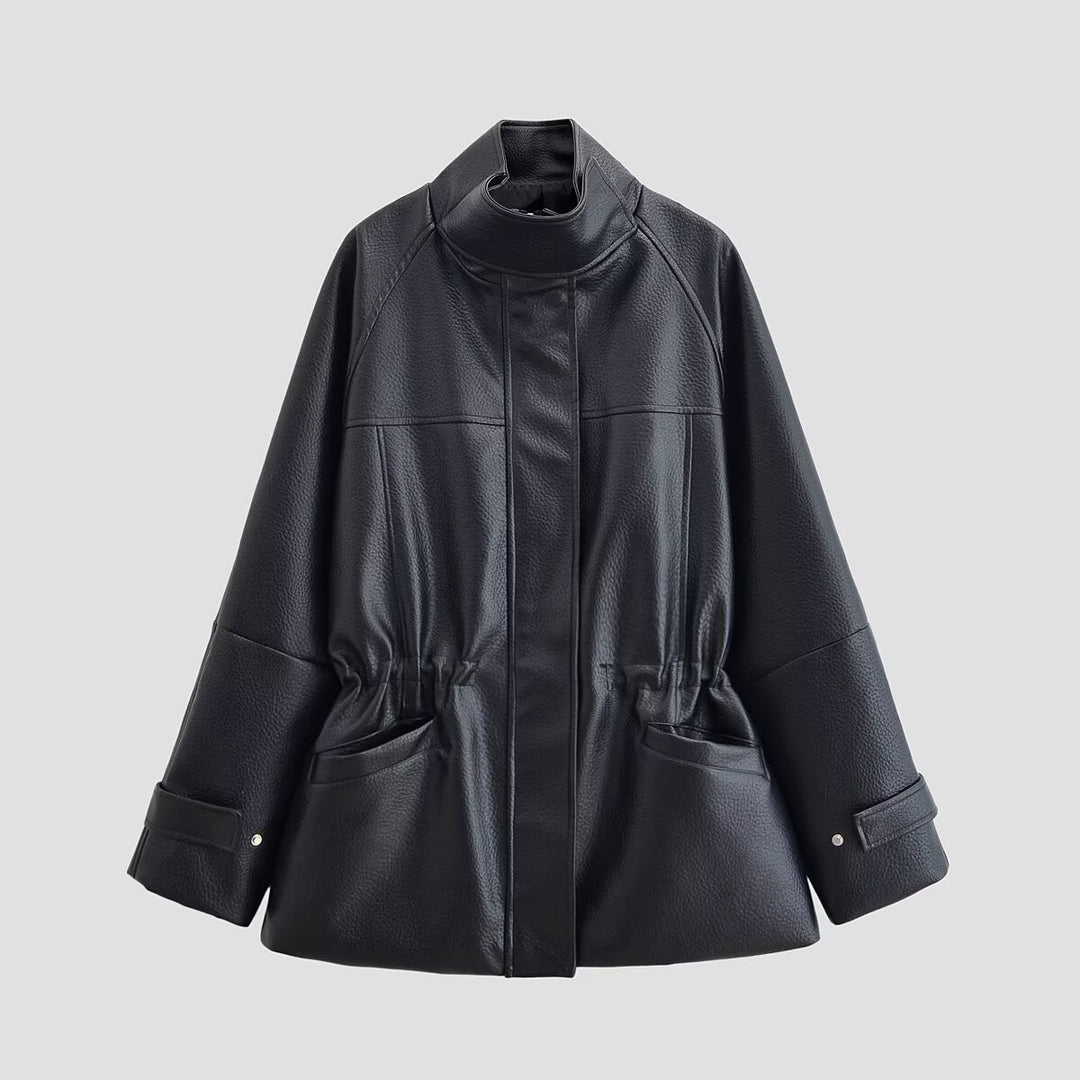 Damen Oversized Jacke in Lederoptik mit Stehkragen und Taillenkordel Nord Taschen