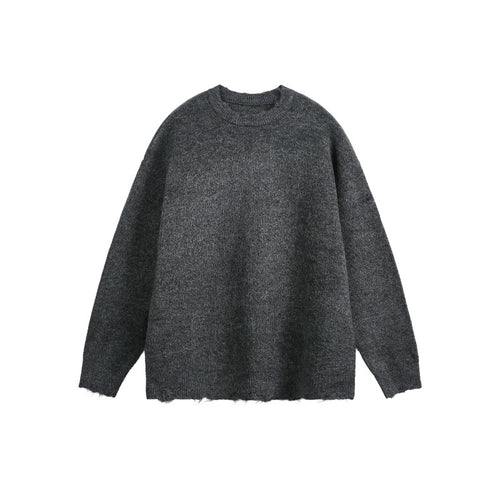 Unisex Oversize Grobstrickpullover mit Rundhalsausschnitt und ausgefranstem Saum Nord Taschen