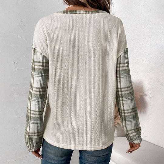 Damen Langärmeliges Strick-Blend-Shirt mit Karo-Ärmeln, Henley-Knopfleiste & Strukturmix Nord Taschen