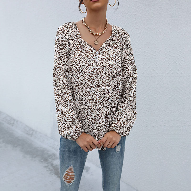 Damen Legere Tunika-Bluse mit feinem Leopardenprint, Knopfleiste und Ballonärmeln Nord Taschen