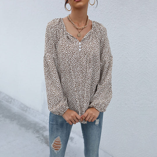Damen Legere Tunika-Bluse mit feinem Leopardenprint, Knopfleiste und Ballonärmeln Nord Taschen