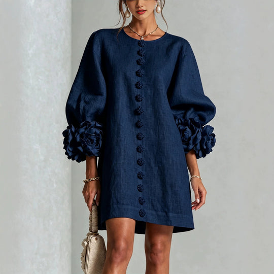 Damen Leinenkleid im A‑Linien‑Schnitt mit Ballonärmeln und 3D‑Blütenverzierung Nord Taschen