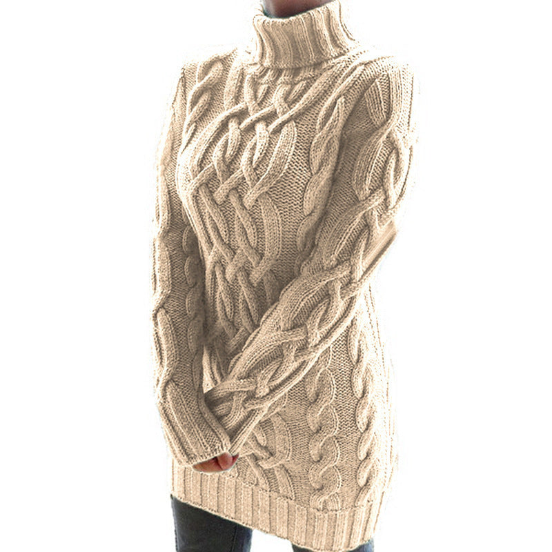 Damen Oversized Strickkleid mit markantem Zopfmuster und Rollkragen Nord Taschen