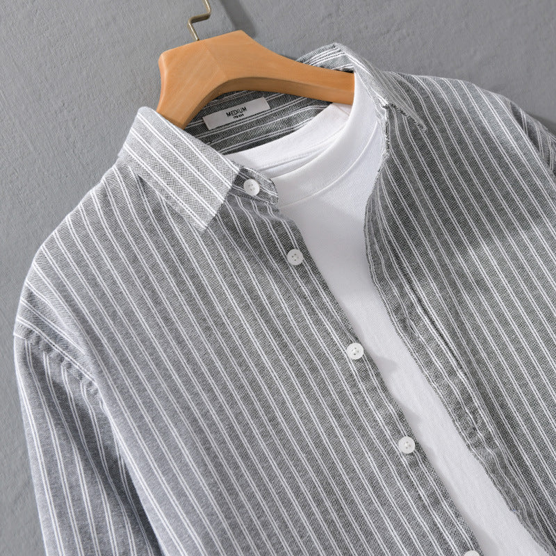 Herren Lässiges Leinen-Baumwoll-Langarmhemd mit feinem Nadelstreifen, Easy‑Care Finish und abgerundetem Saum Nord Taschen