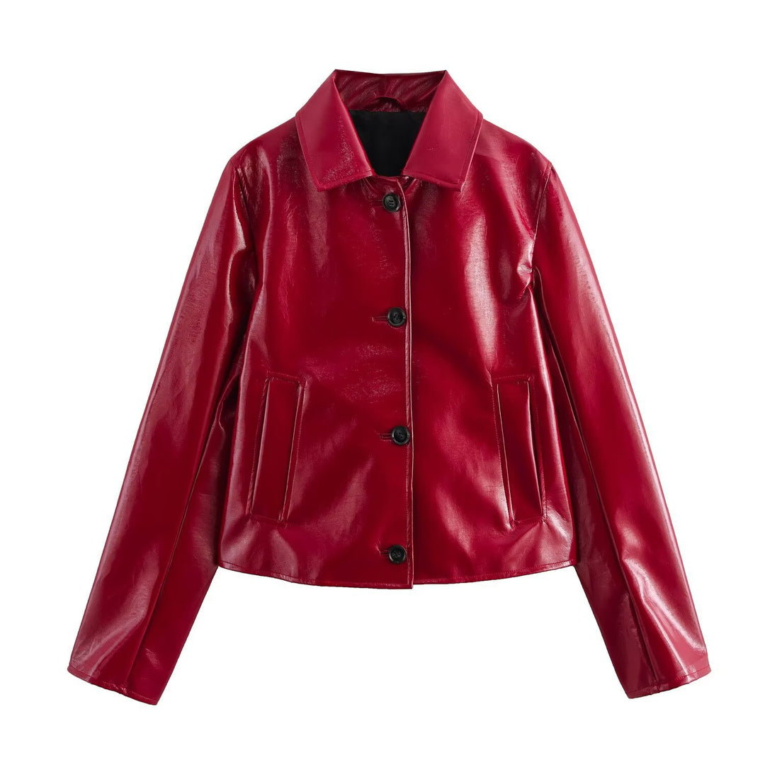 Damen Glänzende Kunstleder-Blusenjacke im Boxy‑Schnitt mit Hemdkragen Nord Taschen