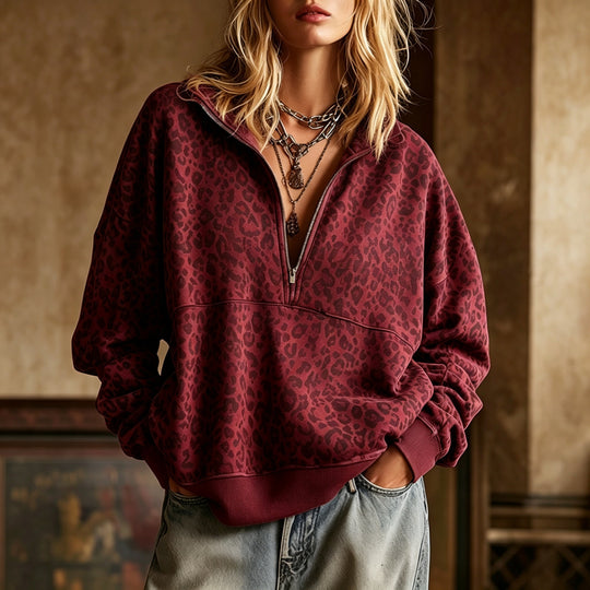 Damen Oversize Sweatshirt mit halbem Reißverschluss und Leo-Print Nord Taschen