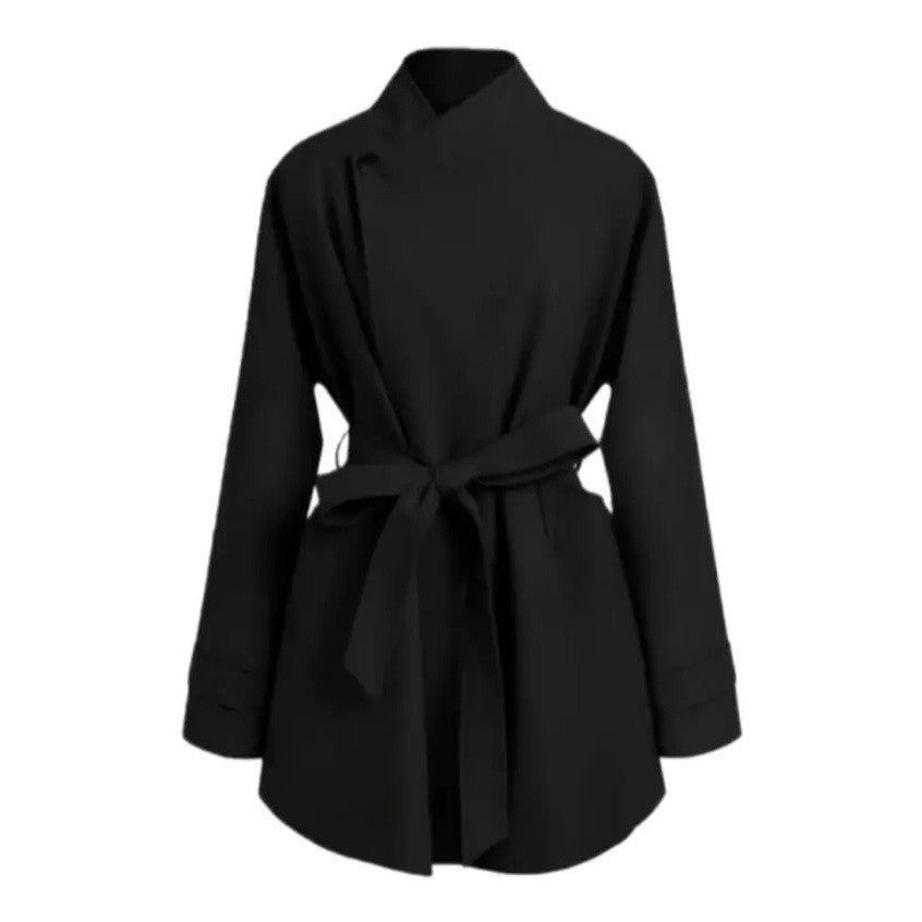 Damen Oversized Wickelbluse mit Stehkragen und Bindegürtel Nord Taschen