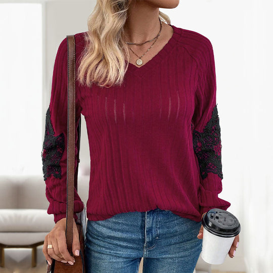 Damen Geripptes Longsleeve mit V‑Ausschnitt, Spitzen‑Einsätzen an den Ellbogen und Ballonärmeln Nord Taschen