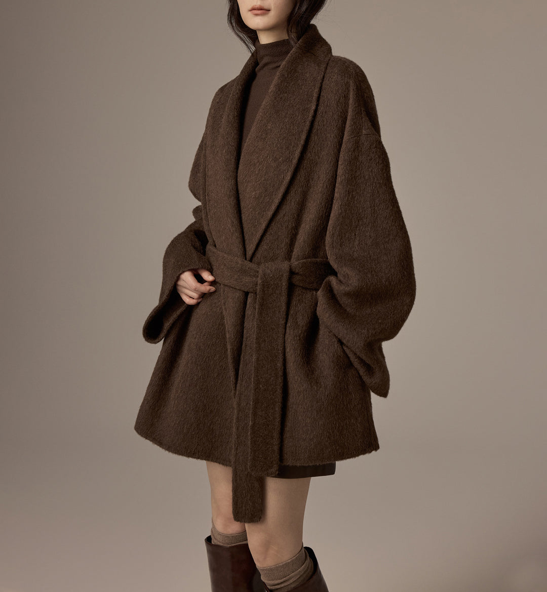 Damen Oversized Wollmantel mit Gürtel Nord Taschen