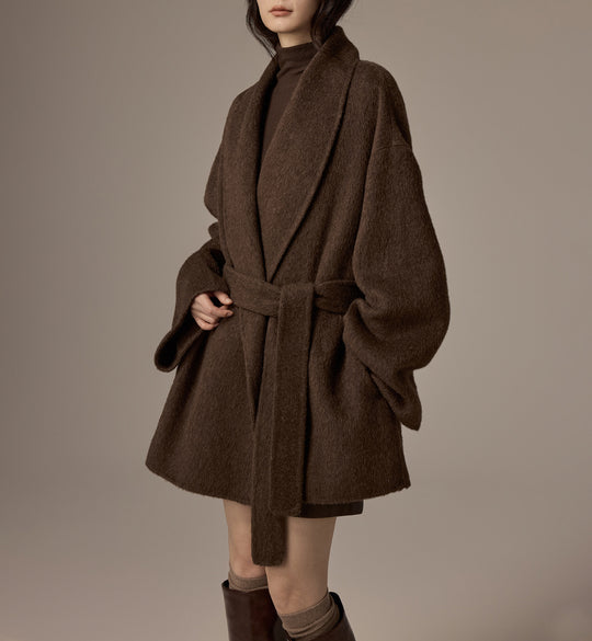 Damen Oversized Wollmantel mit Gürtel Nord Taschen