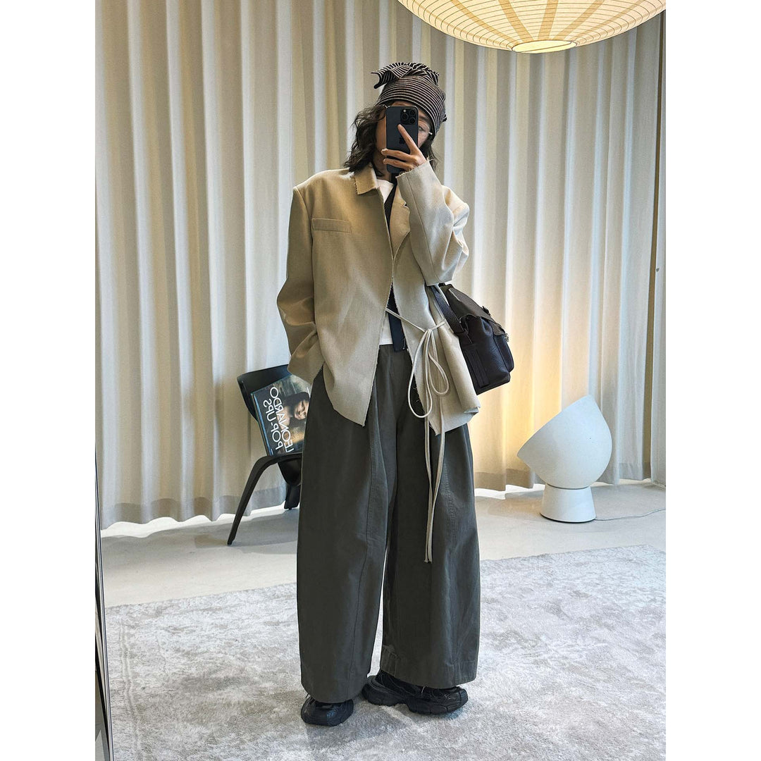 Damen Unregelmäßiger Wickelblazer mit Bindegürtel und rohen Kanten Nord Taschen