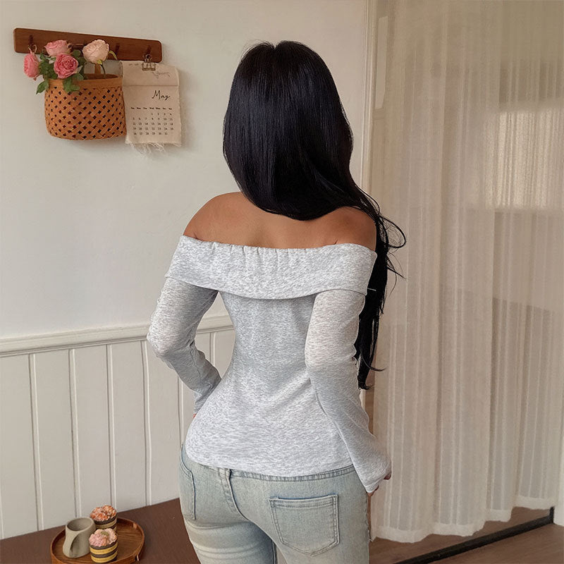Damen Schulterfreies Langarm-Formshirt mit umgeschlagener Carmen‑Passe und taillierter Silhouette Nord Taschen
