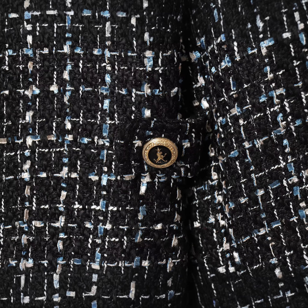 Damen Bouclé‑Tweed‑Cropped‑Jacke mit Stehkragen und goldfarbenen Schmuckknöpfen Nord Taschen
