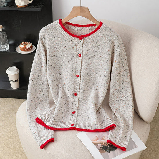 Damen Gesprenkelte Strickjacke mit Kontrastkanten und Herzknöpfen Nord Taschen