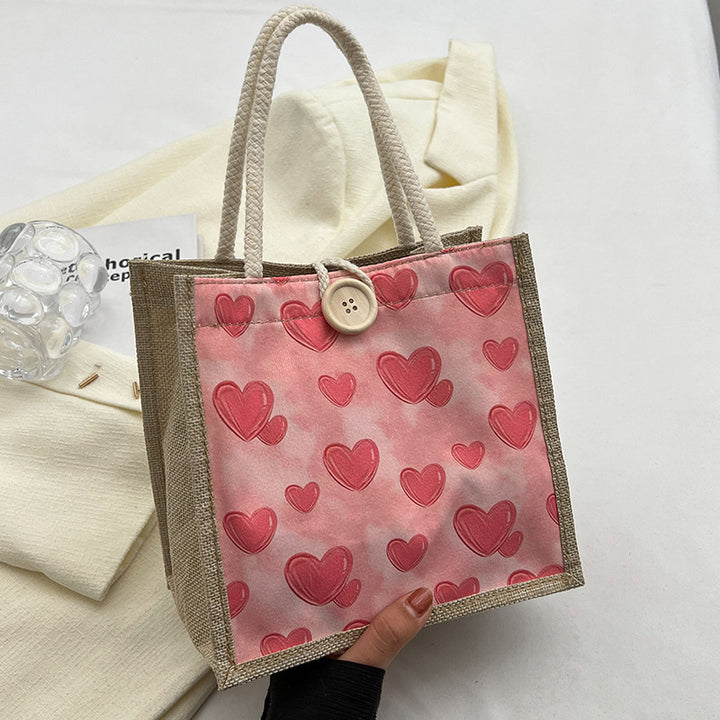 Damen Jute Tragetasche mit liebevollem Herzdesign und praktischem Knopfverschluss Nord Taschen