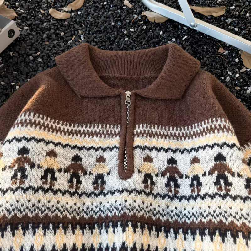 Damen Jacquard-Halbzip-Pullover mit Polokragen und Norweger‑Intarsie Nord Taschen