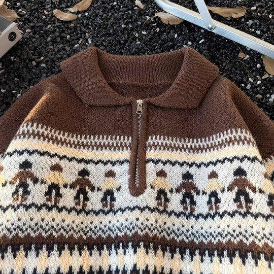Damen Jacquard-Halbzip-Pullover mit Polokragen und Norweger‑Intarsie Nord Taschen