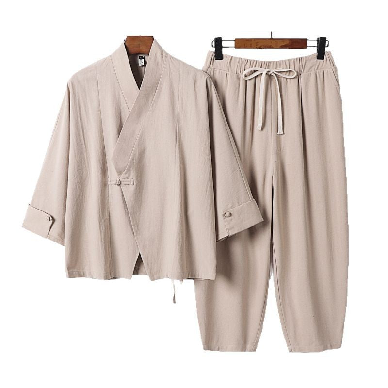 Herren Atmungsaktives Leinen-Baumwoll Lounge-Set mit asymmetrischem V-Kragen und elastischer Kordelhose Nord Taschen