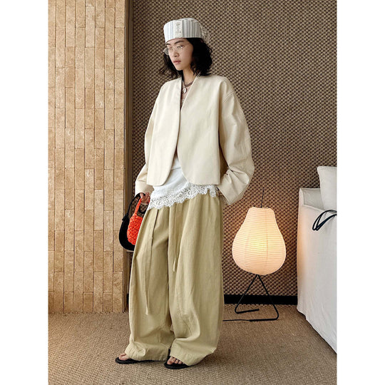 Damen Weite High‑Waist Leinen‑Optik Culotte‑Hose mit Tunnelzug und fließender Silhouette Nord Taschen