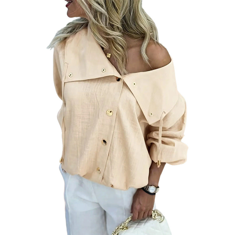 Damen Oversize Off-Shoulder Leinenbluse mit asymmetrischem Kragen und Zierknopfleiste Nord Taschen