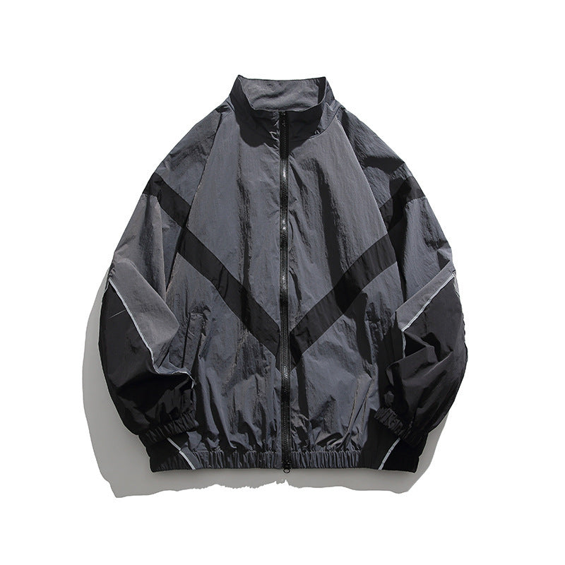 Herren Leichte Oversize Windbreaker-Jacke mit Chevron-Paneelen, Stehkragen und elastischem Saum Nord Taschen