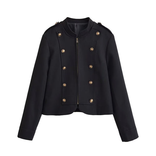 Damen taillierte Kurzjacke im Militärstil mit dekorativer Doppelknopfleiste, Reißverschluss und Schulterpatten Nord Taschen