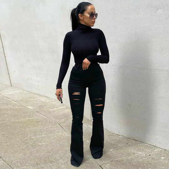 Damen High-Waist Schlaghose im Stretch-Denim mit mehrfachem Destroyed-Effekt Nord Taschen