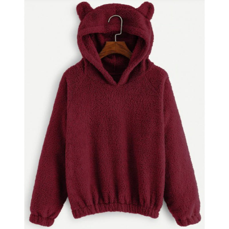 Damen Kuscheliger Teddy-Kapuzenpullover mit Bärenohren und Gummizugsaum Nord Taschen