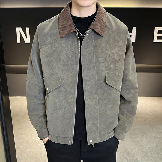Herren Oversize Utility-Bomberjacke aus Kunstleder mit geripptem Saum und Hemdkragen Nord Taschen