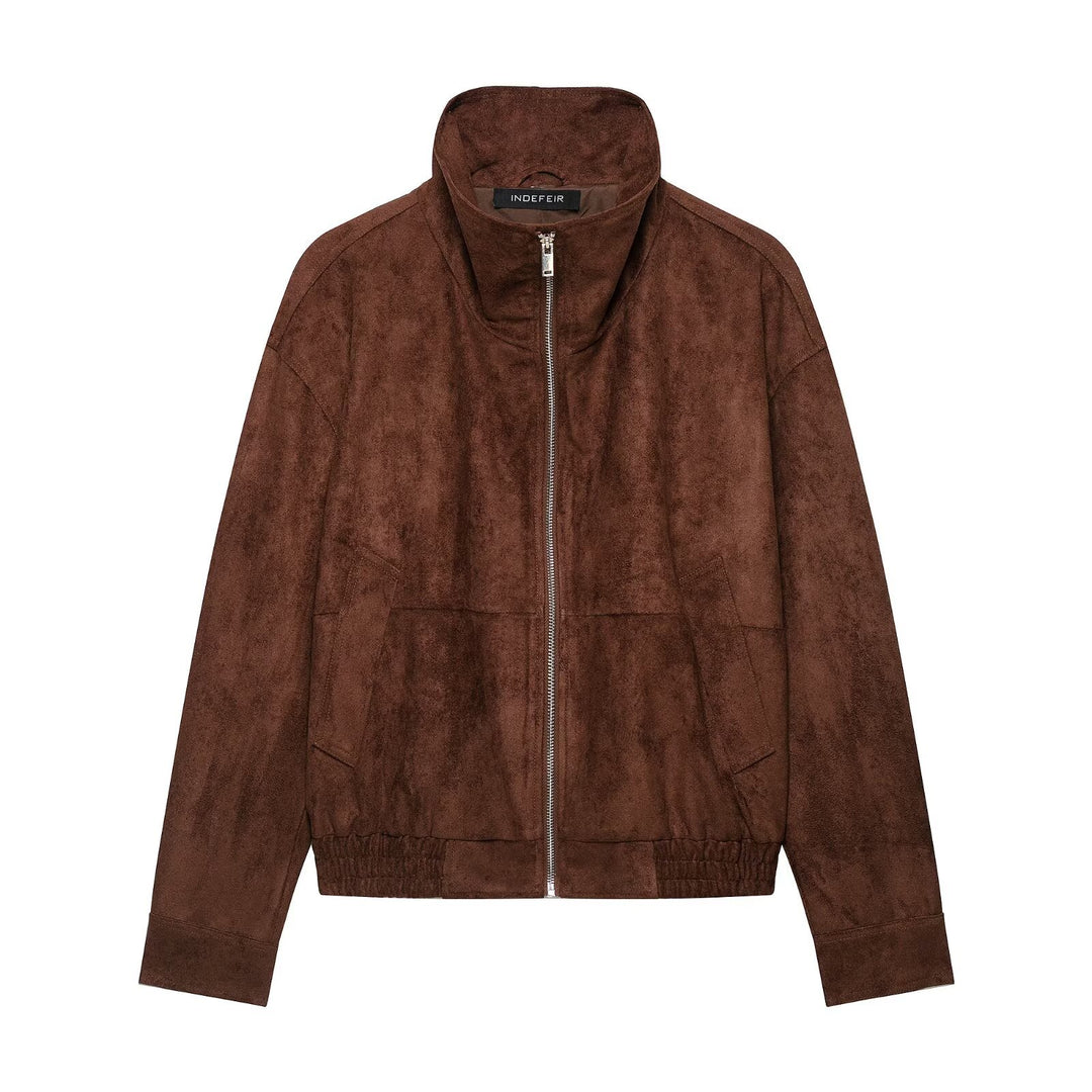 Damen Veloursleder‑Optik Bomberjacke mit hohem Funnelkragen und Gummibund Nord Taschen