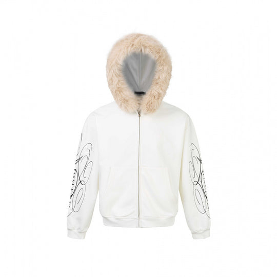 Unisex Oversize-Kapuzenjacke mit Kunstfellbesatz, Reißverschluss und Grafikärmeln Nord Taschen