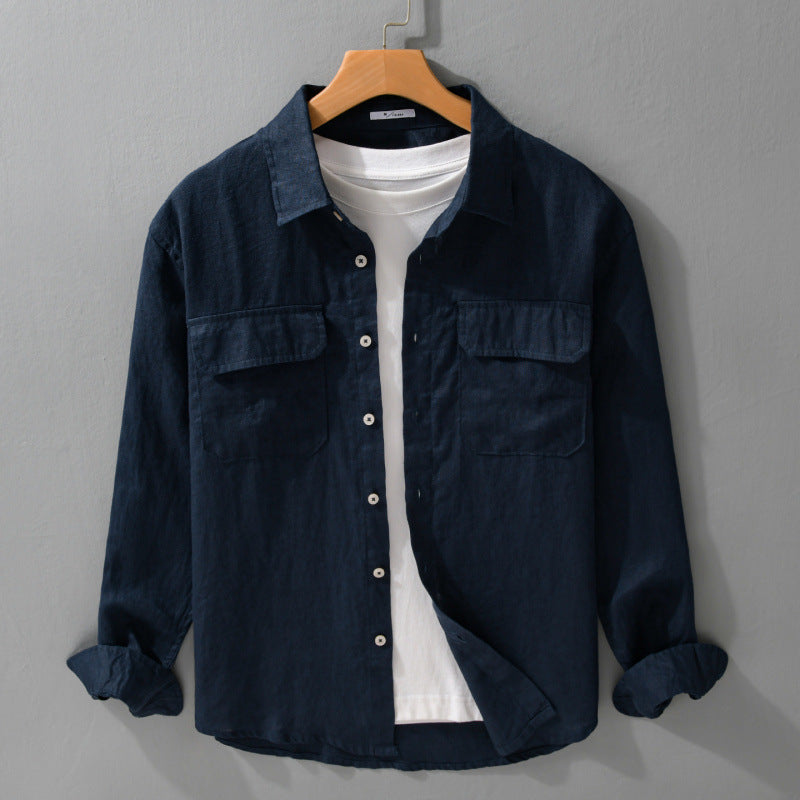 Herren Lockeres Leinen-Overshirt mit Brusttaschen und Knopfleiste Nord Taschen