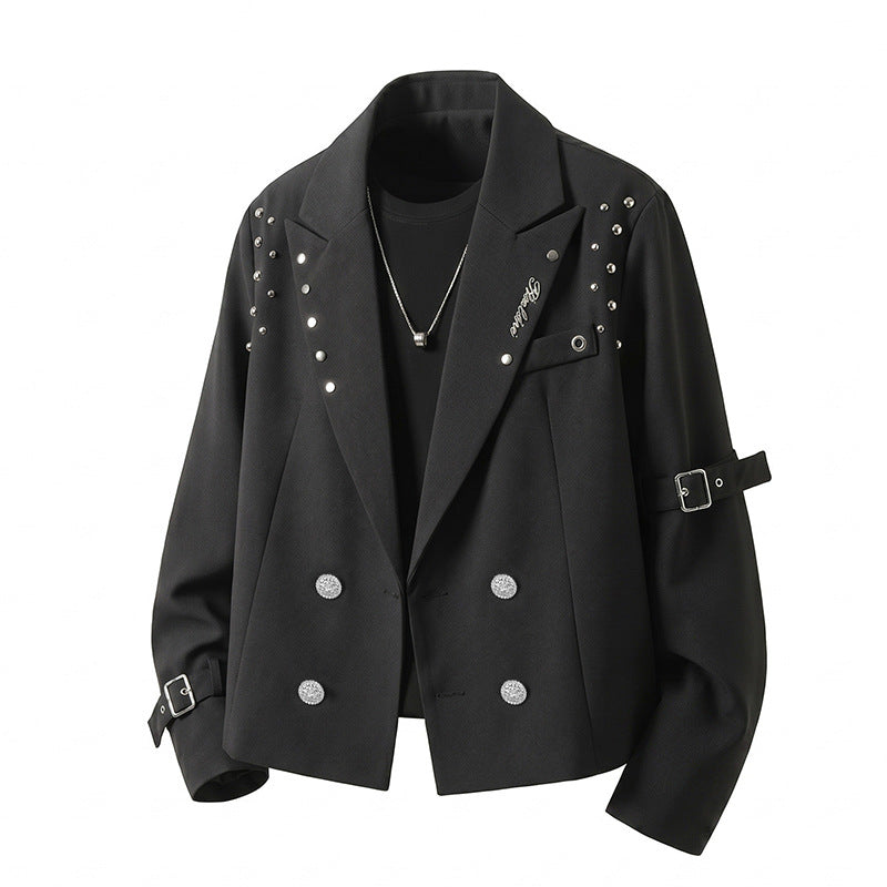 Herren Kurzblazer-Jacke im Rockigen Biker‑Look mit Nietenbesatz, Doppelreiher & Ärmel-Schnallen Nord Taschen