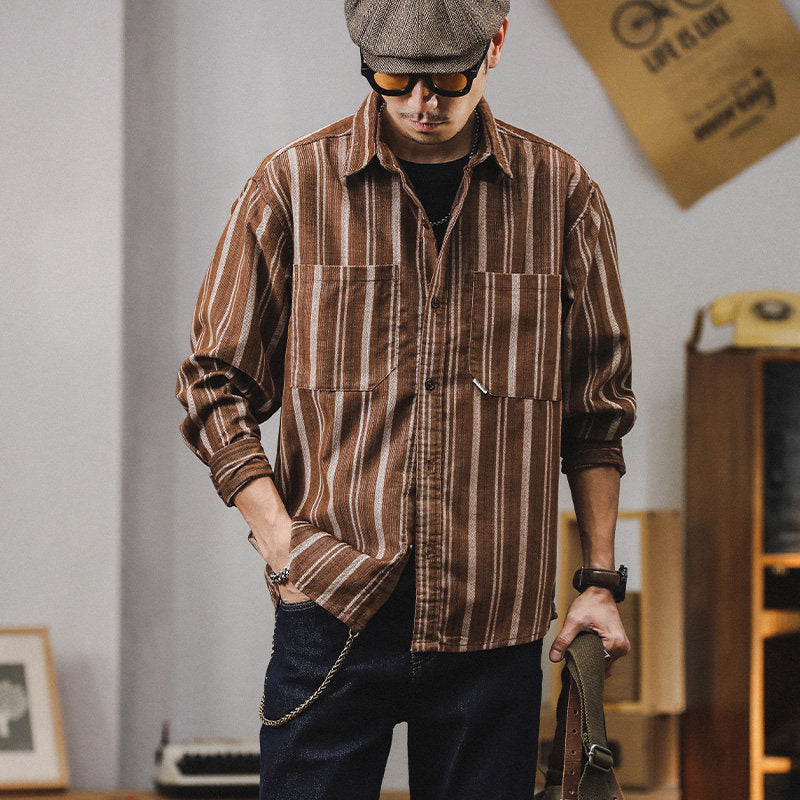 Herren Gestreiftes Overshirt-Hemd aus Baumwoll-Leinen mit Brusttaschen Nord Taschen